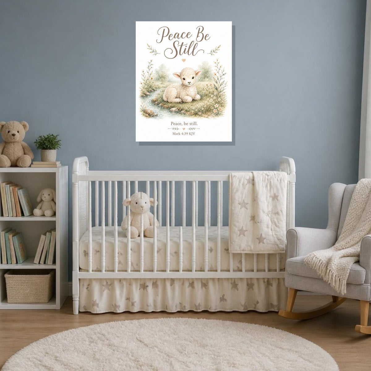 Peace Be Still lamb canvas print, Mark 4:39 KJV, in a blue-gray nursery
