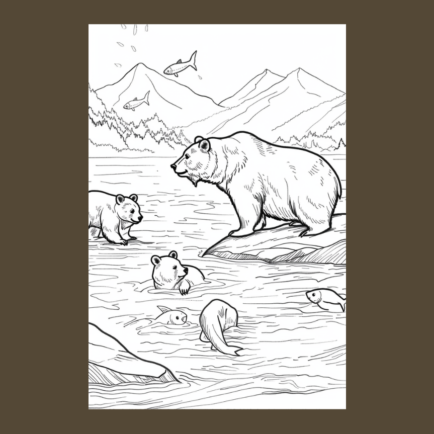 Black and white illustration of bears near a river with mountains in the background