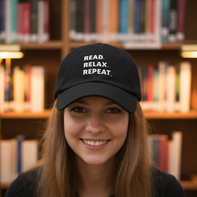 Person wearing a black cap with 'READ. RELAX. REPEAT.' text in a library setting