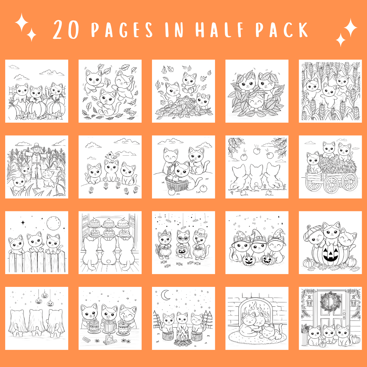 Collection of black and white cat-themed coloring pages on an orange background with text '20 Pages in Half Pack'.