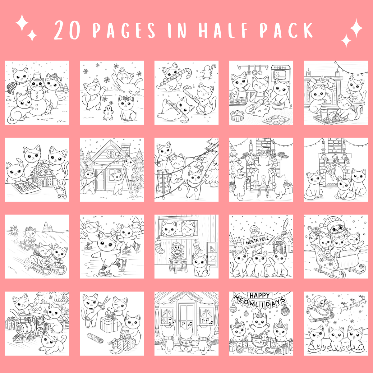 Collection of black and white cat-themed coloring pages on a pink background with text '20 Pages in Half Pack'.