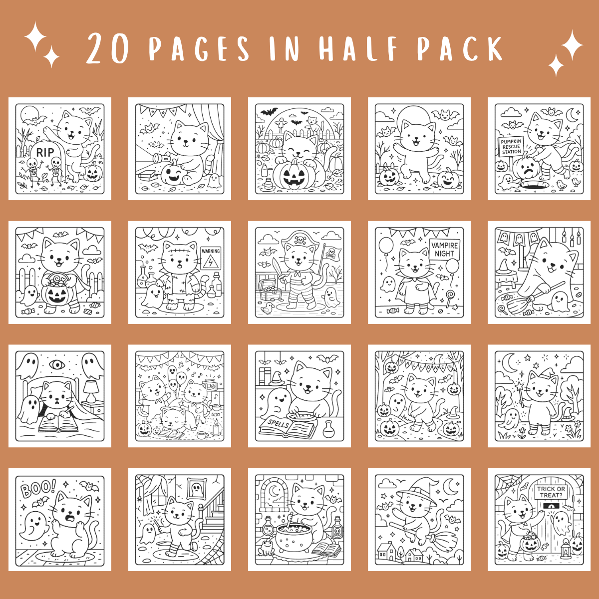Package of 20 Halloween-themed coloring pages on a brown background