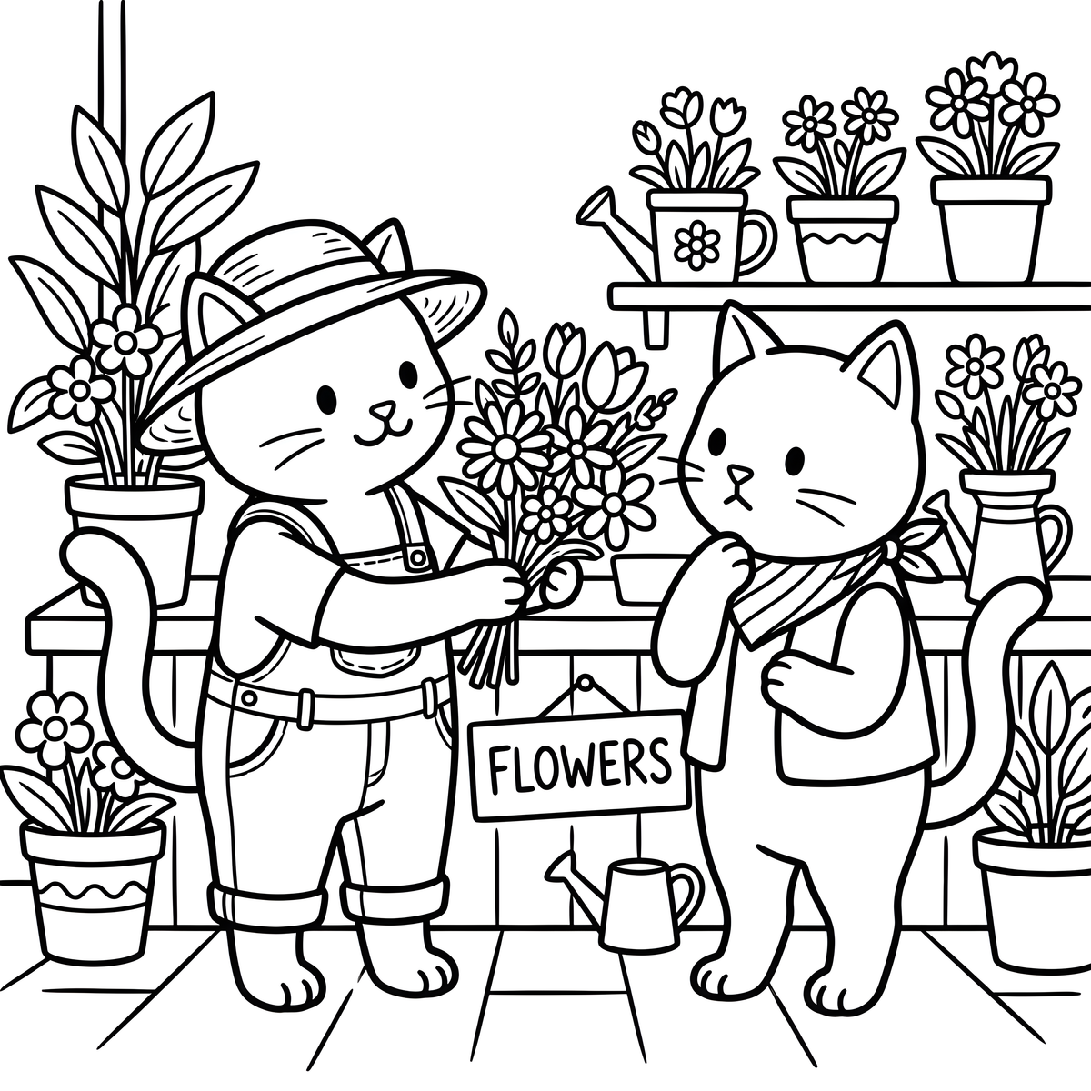 Petals & Paws coloring page of garden cats picking out a flower gift