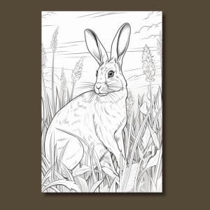 Coloring page of a rabbit in tall grass on a brown background