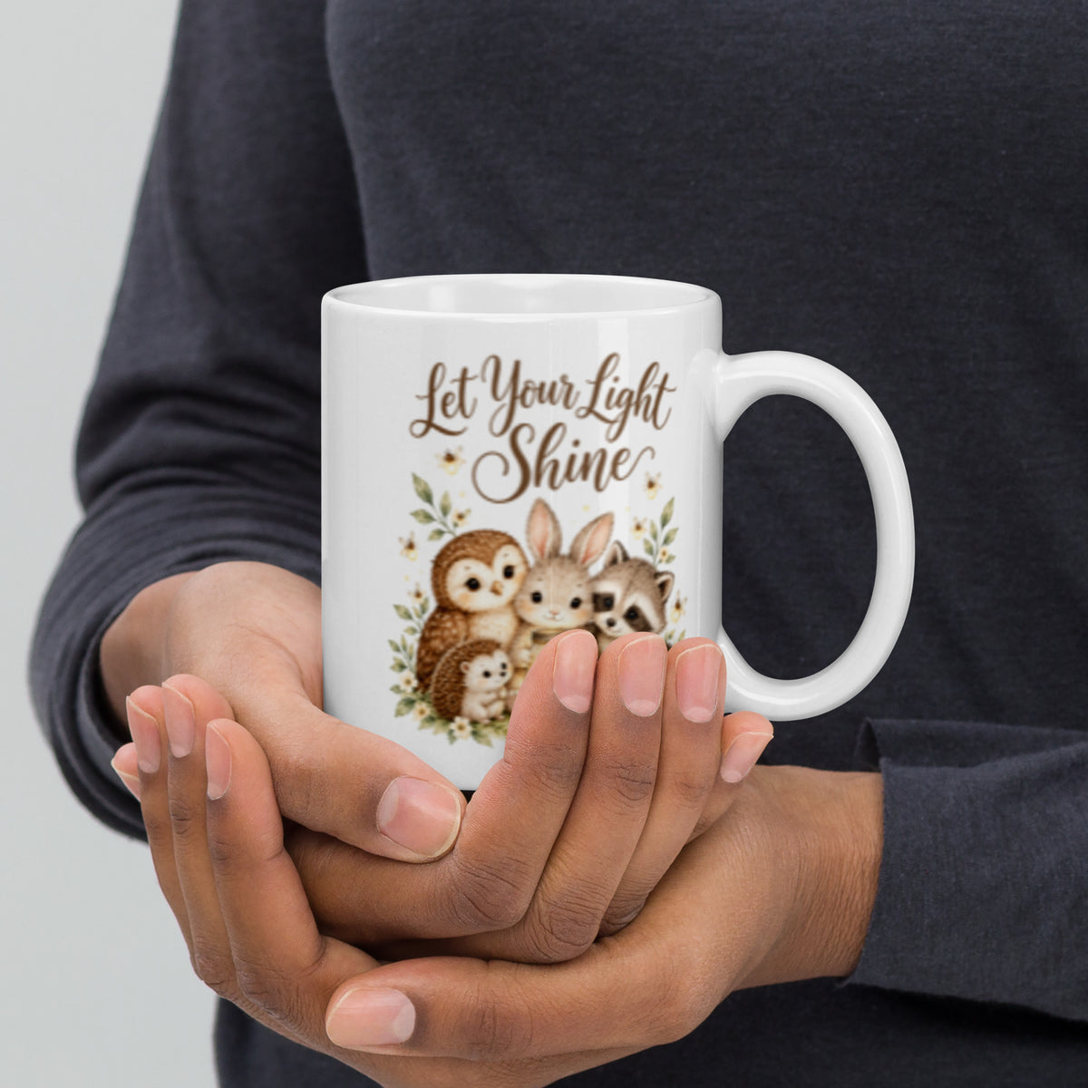 Let Your Light Shine Woodland Mug – 11 oz white mug, side view