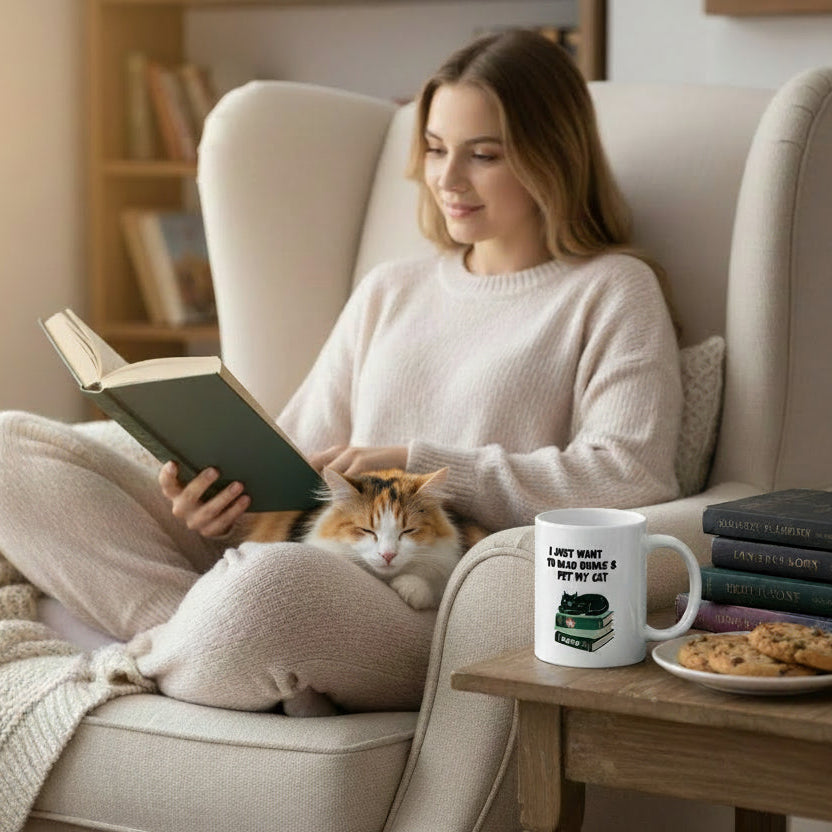 I just want to read books & pet my cat mug