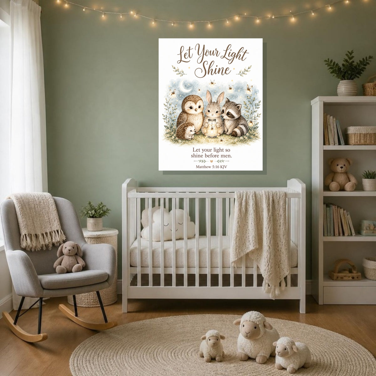 Let Your Light Shine woodland canvas print, Matthew 5:16 KJV, above a white crib in a sage green nursery