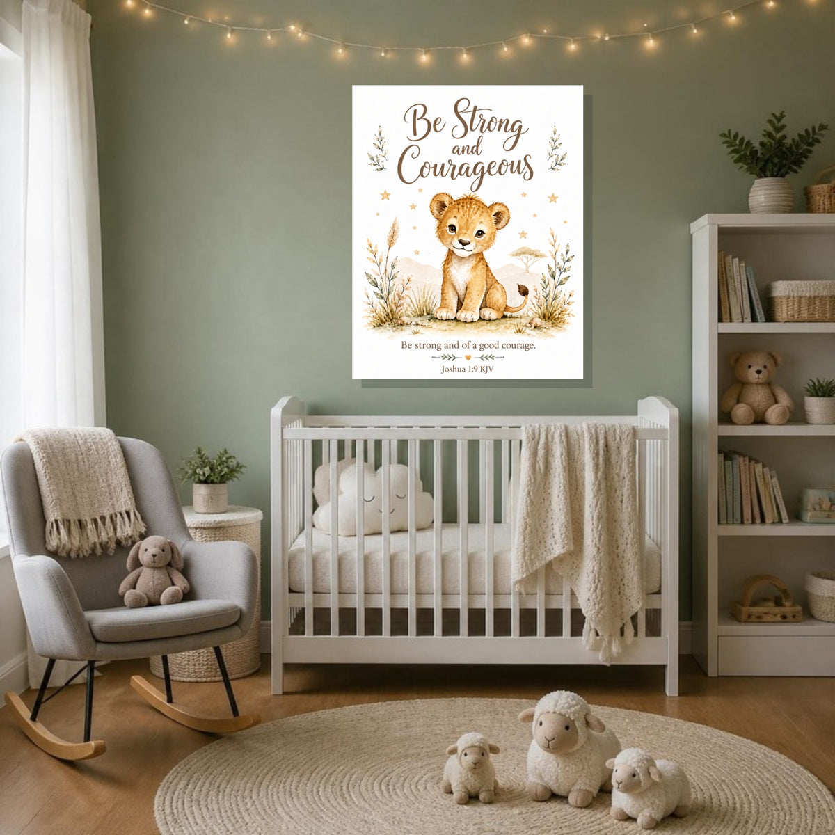 Be Strong and Courageous lion cub canvas print, Joshua 1:9 KJV, above a white crib in a sage green nursery