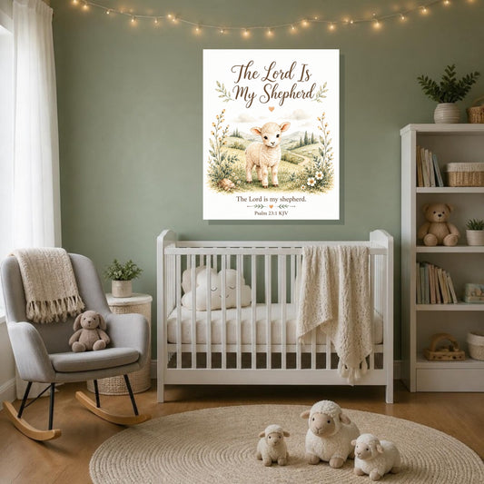 The Lord Is My Shepherd lamb canvas print, Psalm 23:1 KJV, above a white crib in a sage green nursery