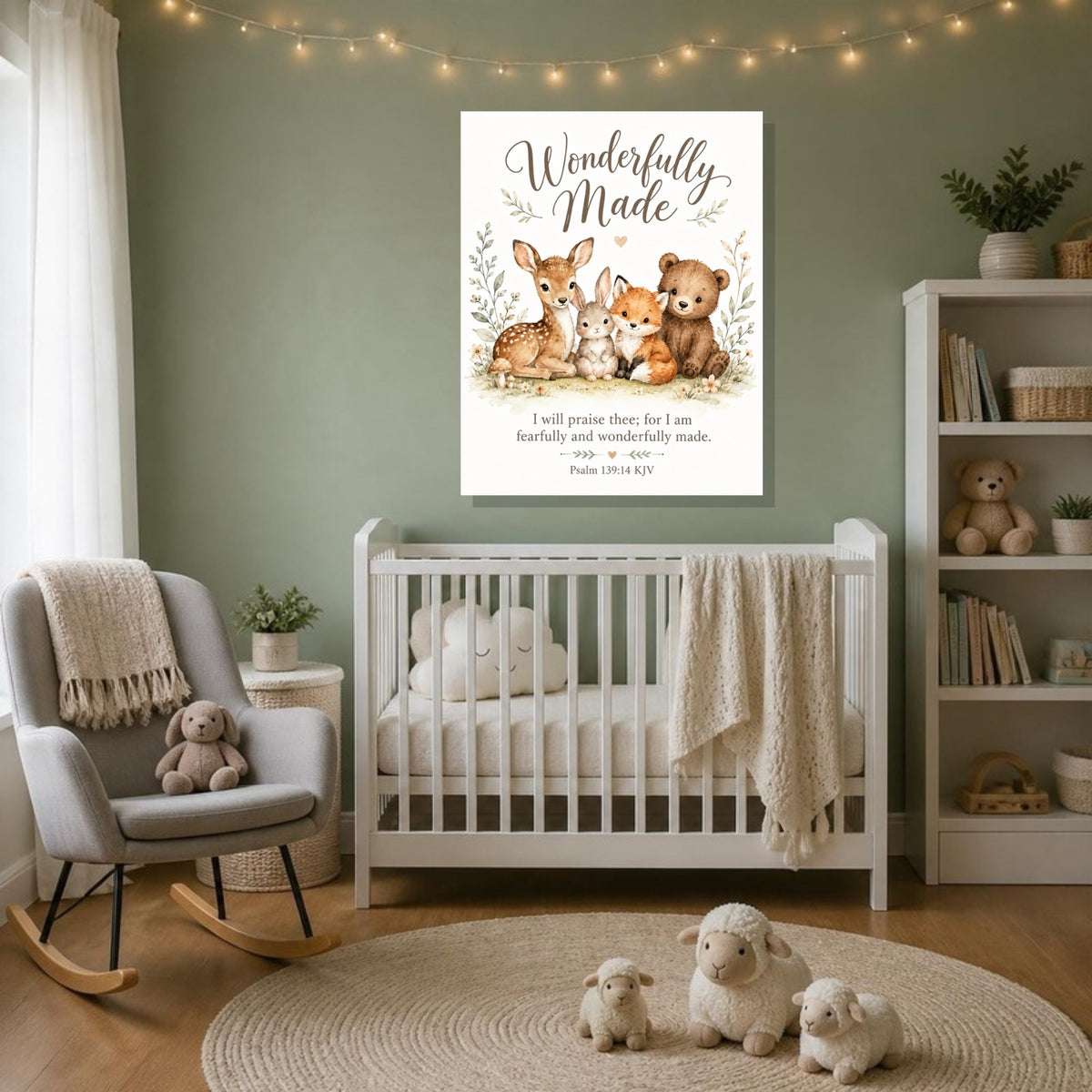 Wonderfully Made woodland canvas print, Psalm 139:14 KJV, above a white crib in a sage green nursery