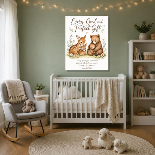 Every Good and Perfect Gift deer and bear canvas print, James 1:17 KJV, above a white crib in a sage green nursery