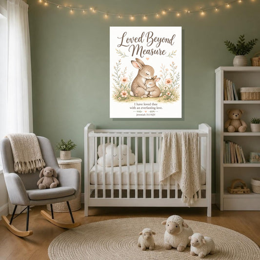 Loved Beyond Measure bunny canvas print, Jeremiah 31:3 KJV, above a white crib in a sage green nursery