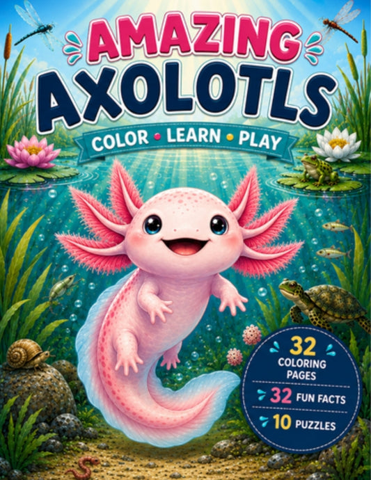 Amazing Axolotls: Color, Learn, Play activity book cover with a smiling pink axolotl