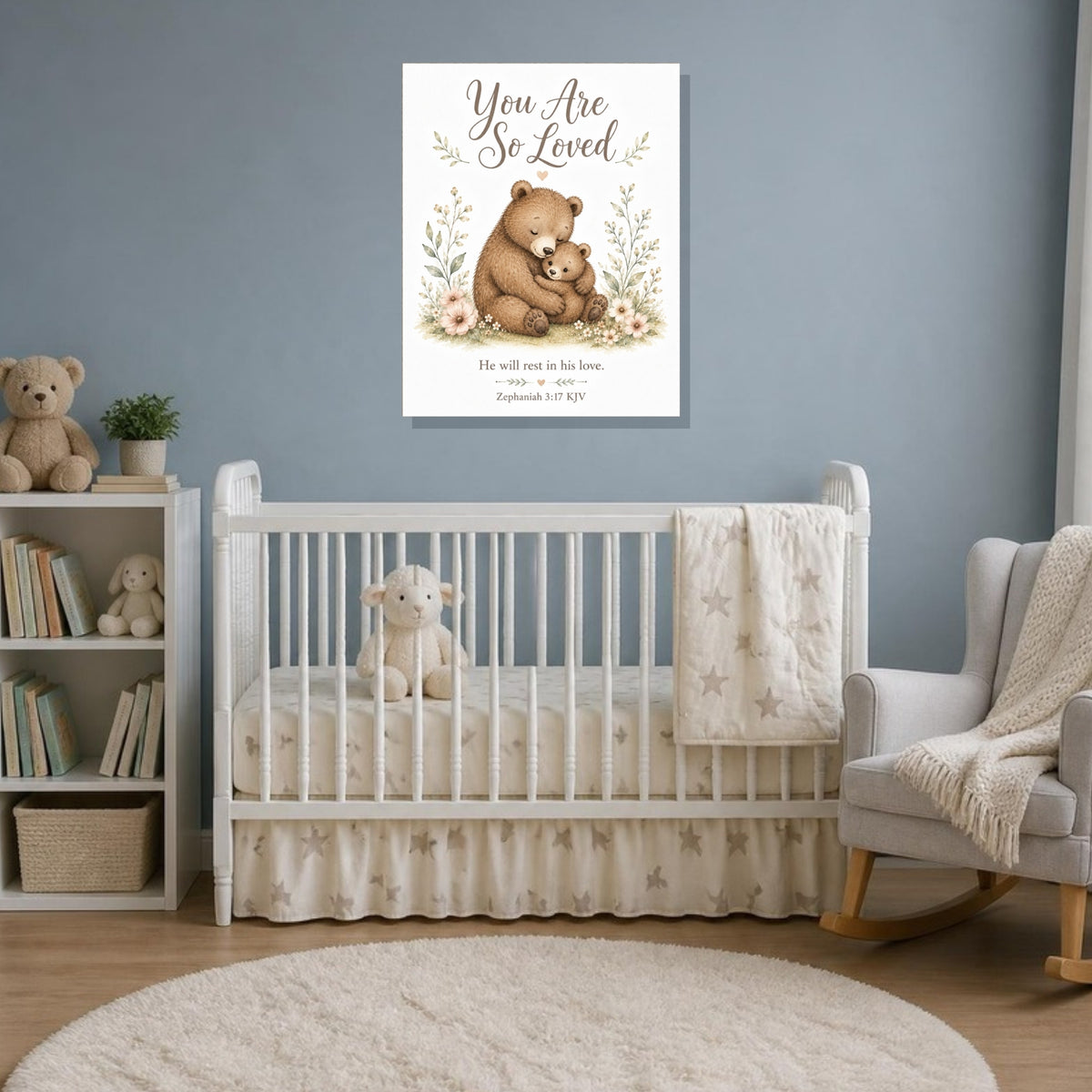 You Are So Loved bear canvas print, Zephaniah 3:17 KJV, in a blue-gray nursery