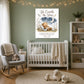 He Counts the Stars bear canvas print, Psalm 147:4 KJV, above a white crib in a sage green nursery