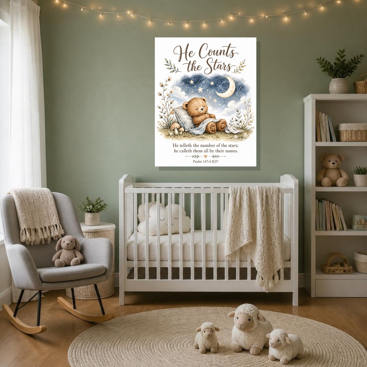 He Counts the Stars bear canvas print, Psalm 147:4 KJV, above a white crib in a sage green nursery