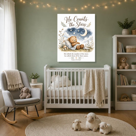 He Counts the Stars bear canvas print, Psalm 147:4 KJV, above a white crib in a sage green nursery