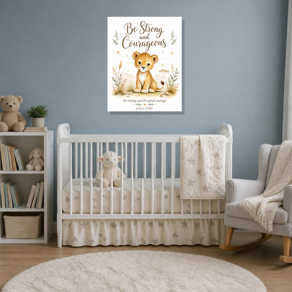 Be Strong and Courageous lion cub canvas print, Joshua 1:9 KJV, in a blue-gray nursery