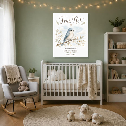 Fear Not bluebird canvas print, Isaiah 41:10 KJV, above a white crib in a sage green nursery