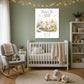 Peace Be Still lamb canvas print, Mark 4:39 KJV, above a white crib in a sage green nursery