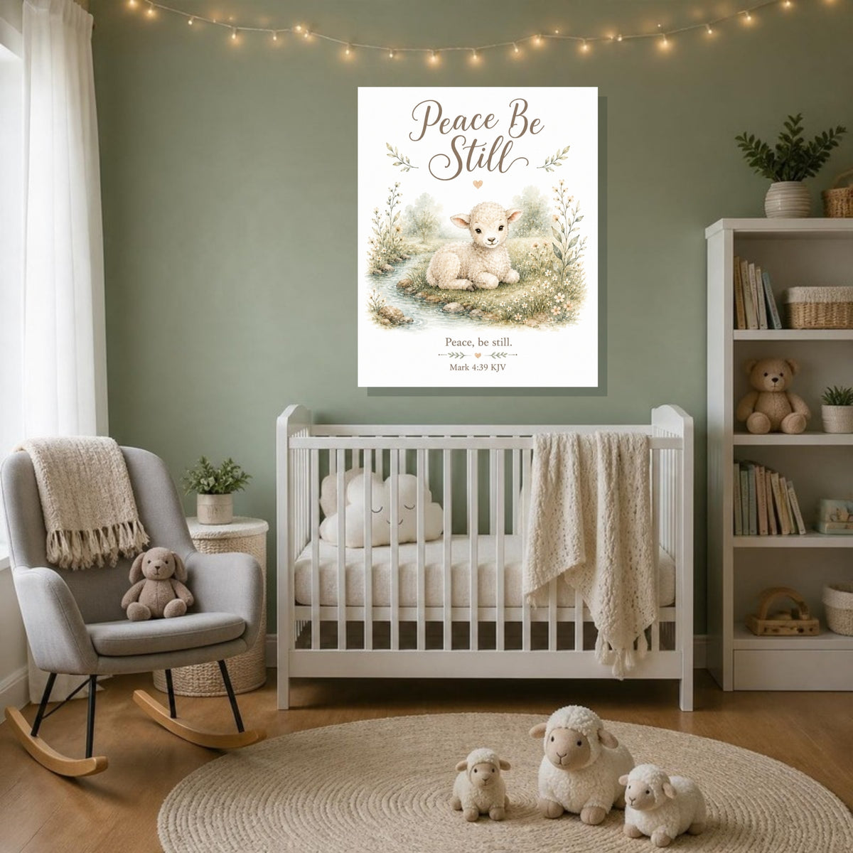 Peace Be Still lamb canvas print, Mark 4:39 KJV, above a white crib in a sage green nursery