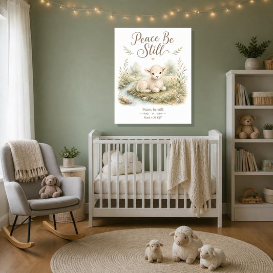 Peace Be Still lamb canvas print, Mark 4:39 KJV, above a white crib in a sage green nursery