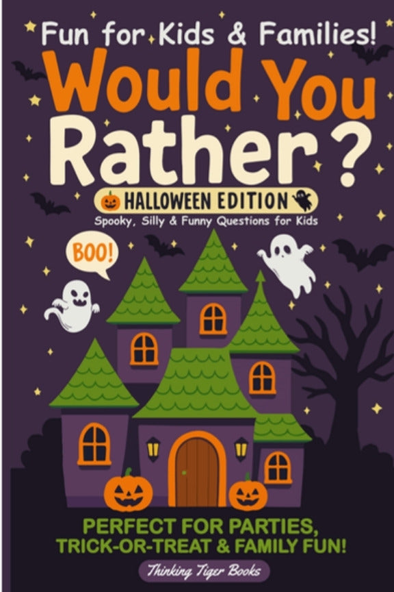 Would You Rather? Halloween Edition cover with a haunted house, ghosts and pumpkins