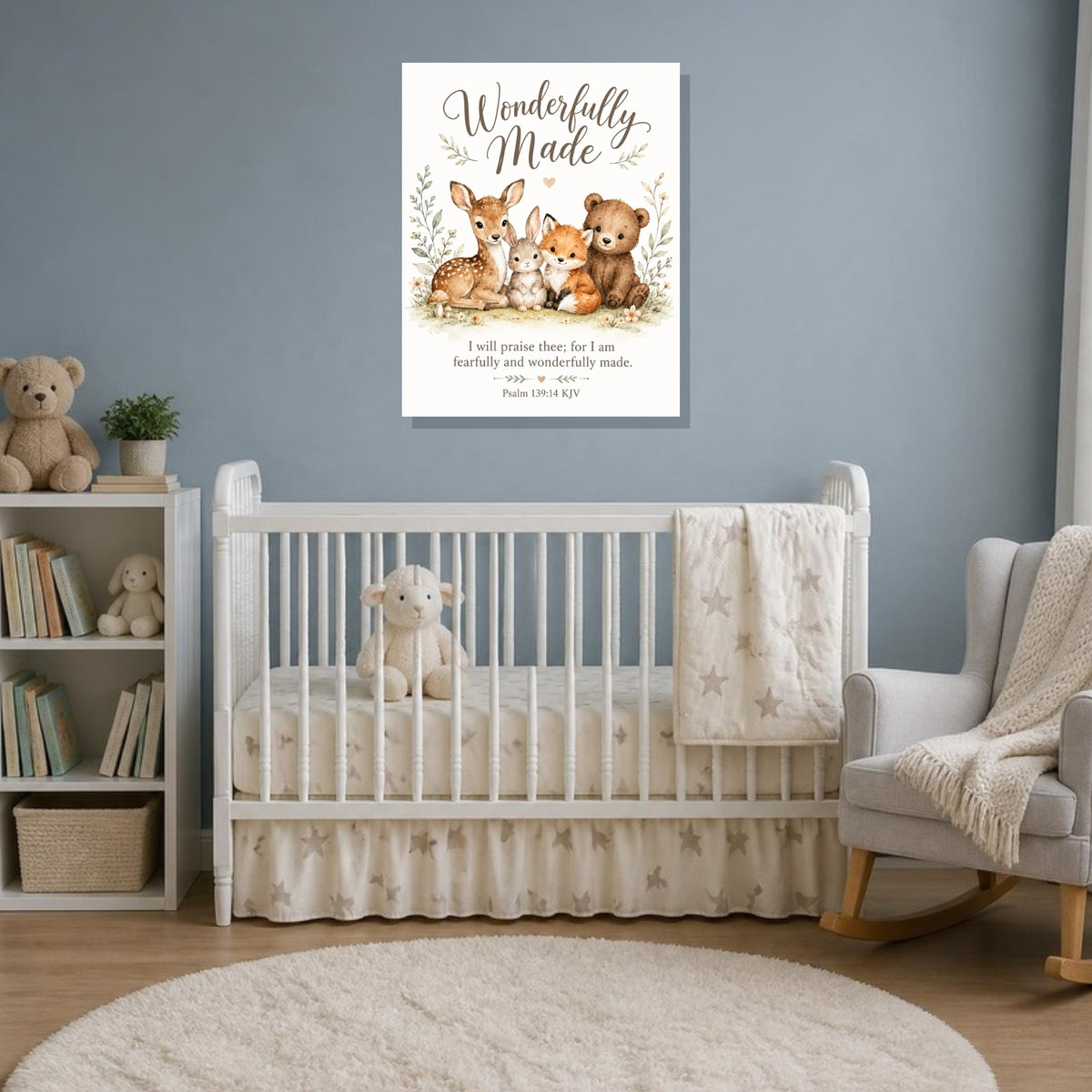Wonderfully Made woodland canvas print, Psalm 139:14 KJV, in a blue-gray nursery