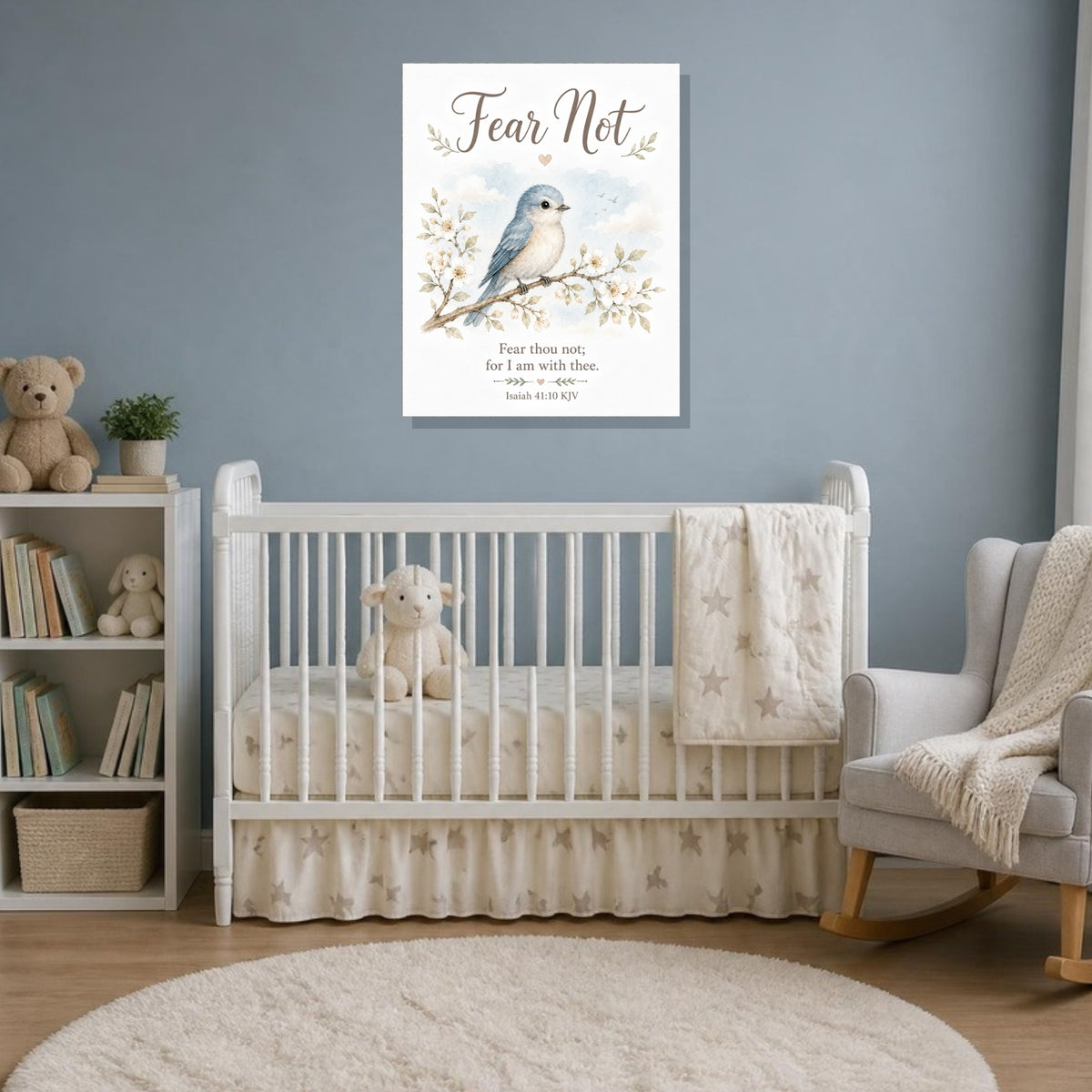 Fear Not bluebird canvas print, Isaiah 41:10 KJV, in a blue-gray nursery
