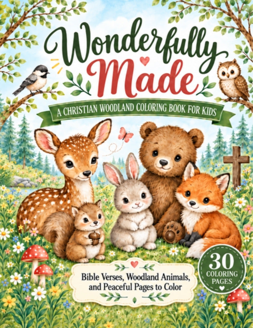 Wonderfully Made: A Christian Woodland Coloring Book for Kids cover with fawn, bunny, bear, fox and squirrel