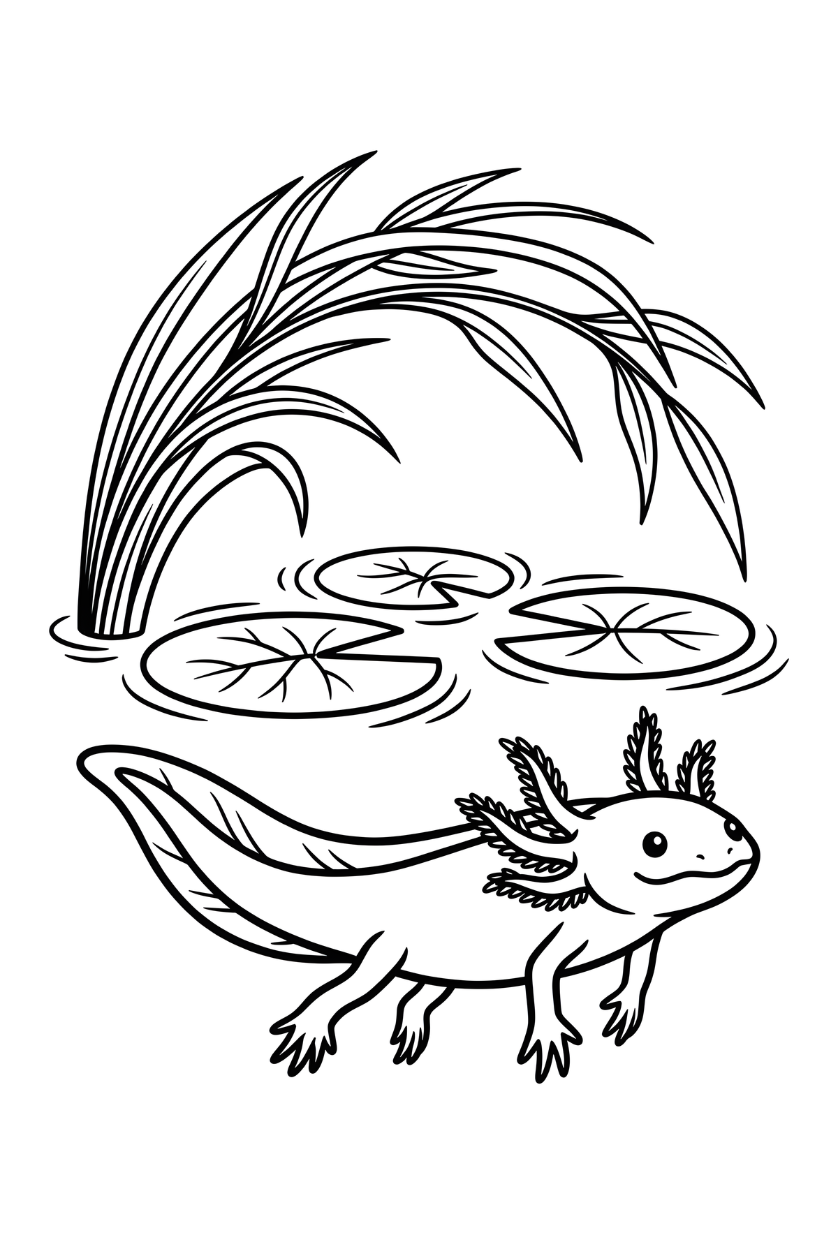 Amazing Axolotls coloring page of an axolotl beneath lily pads and reeds