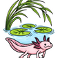 Amazing Axolotls coloring page of an axolotl beneath lily pads and reeds, colored in