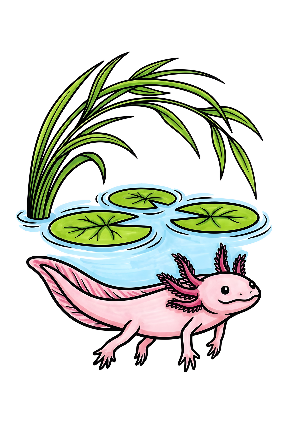 Amazing Axolotls coloring page of an axolotl beneath lily pads and reeds, colored in