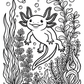 Amazing Axolotls coloring page of a smiling axolotl in clear water with plants