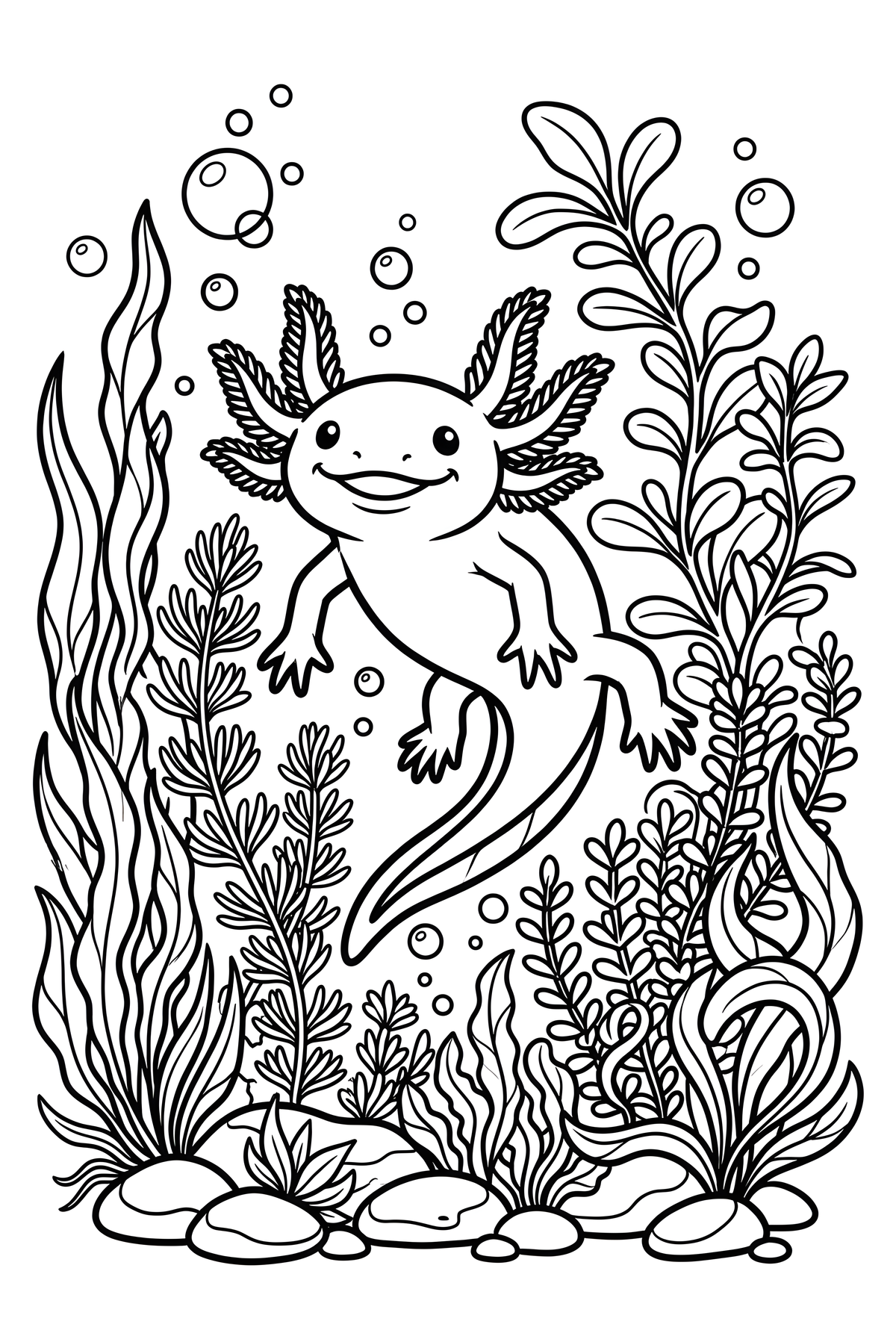 Amazing Axolotls coloring page of a smiling axolotl in clear water with plants