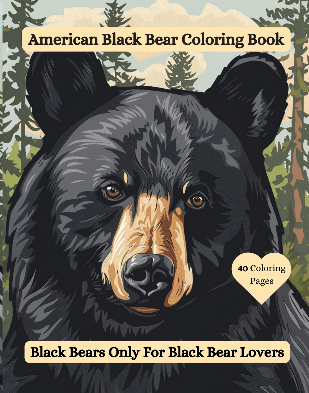 Cover of 'American Black Bear Coloring Book' with a bear illustration and text about coloring pages.
