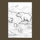 Black and white illustration of bears near a river with mountains in the background