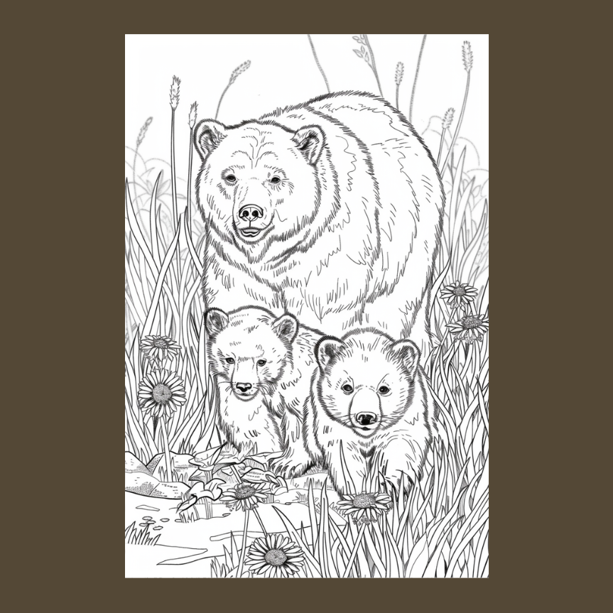 Line drawing of a bear and two cubs in a natural setting with plants and flowers.