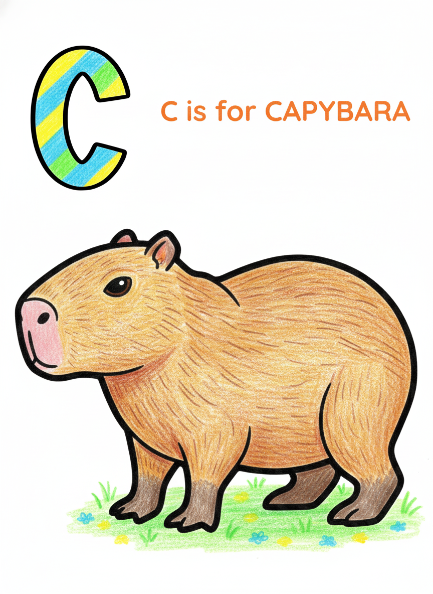 Colored-in capybara page from Learn Your ABCs with Curious Creatures