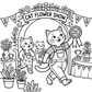 Petals & Paws coloring page of garden cats at a flower show