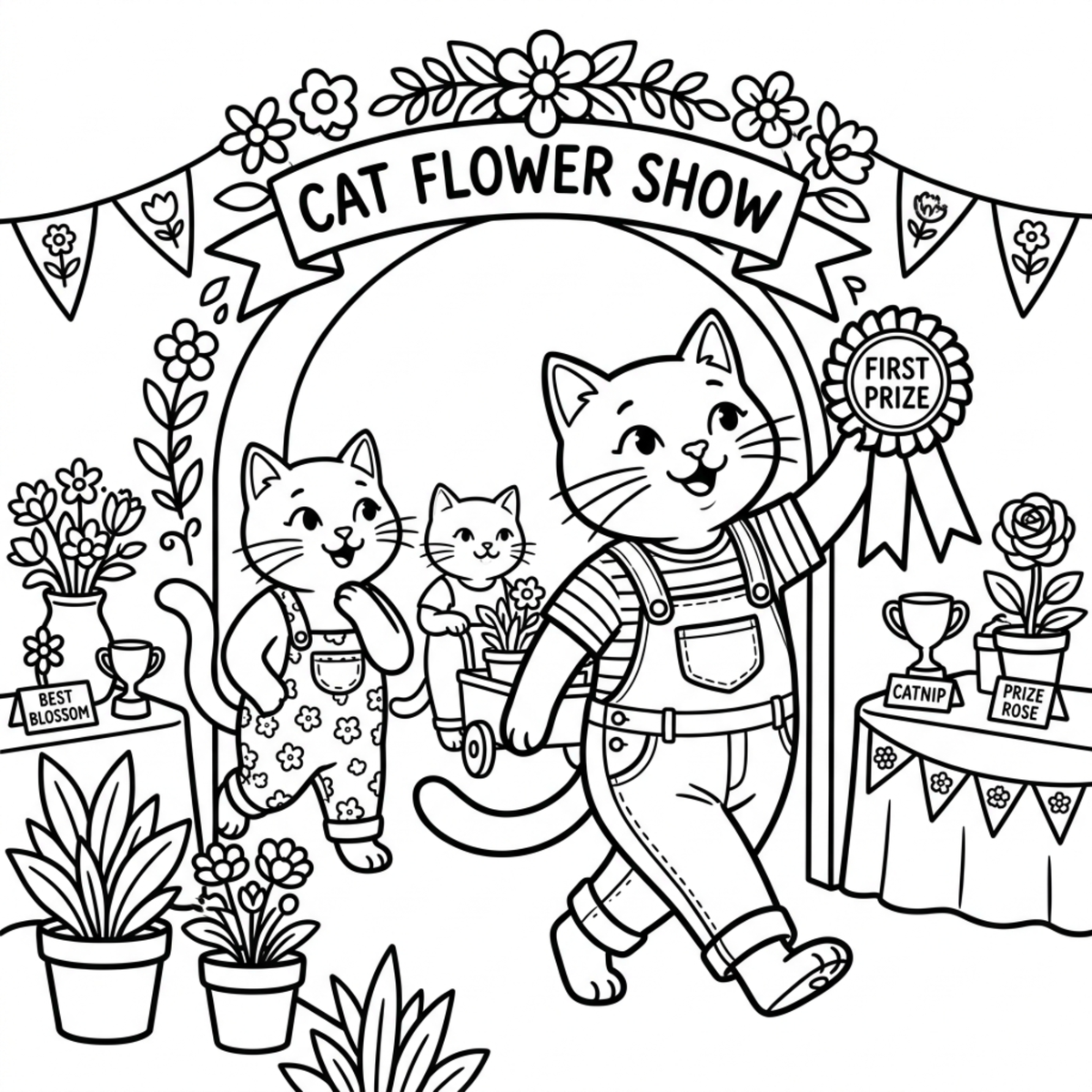 Petals & Paws coloring page of garden cats at a flower show