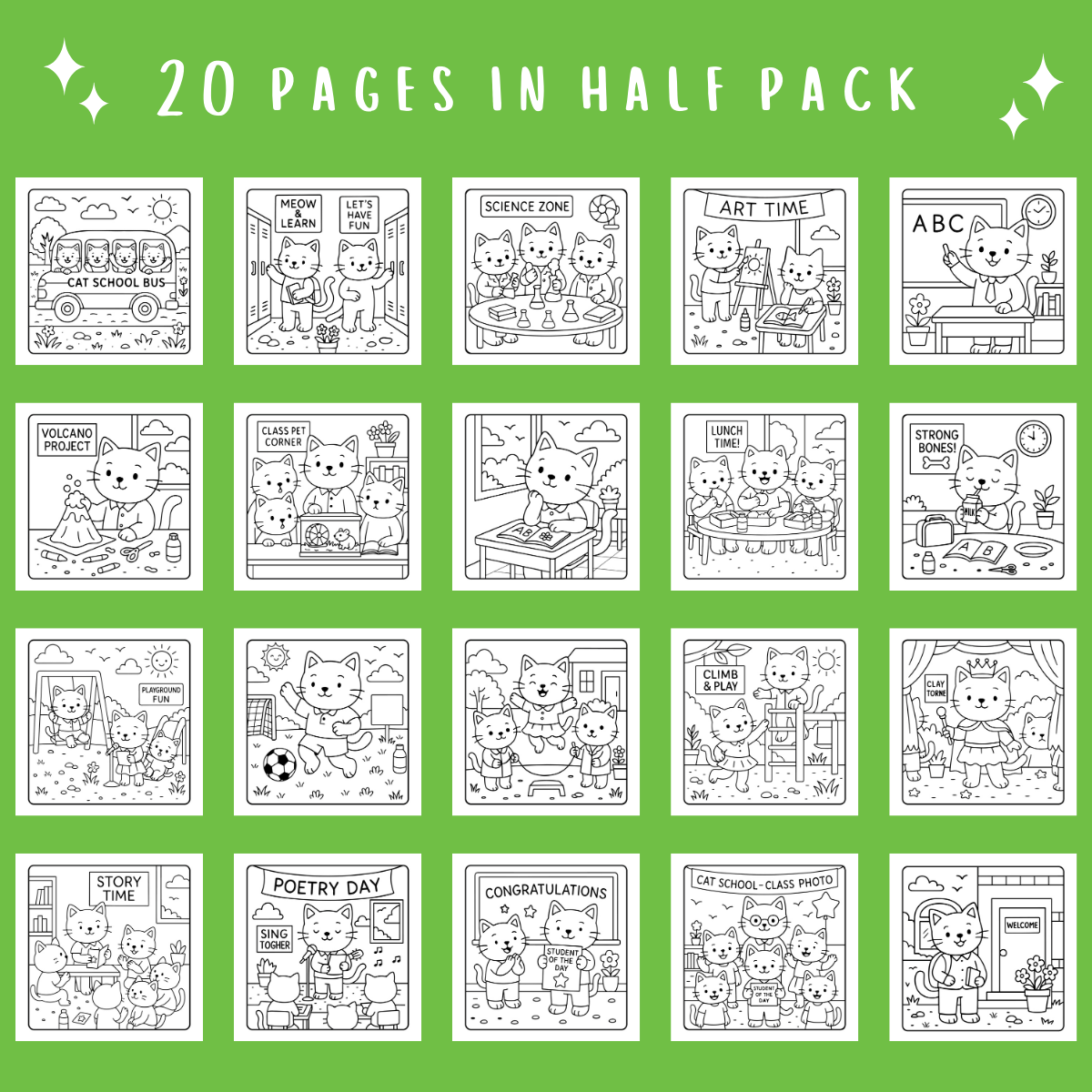 Collection of 20 Cat School Days coloring pages for children on a green background