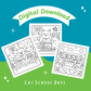 Cat-themed  school coloring pages with 'Digital Download' text on a blue and green background