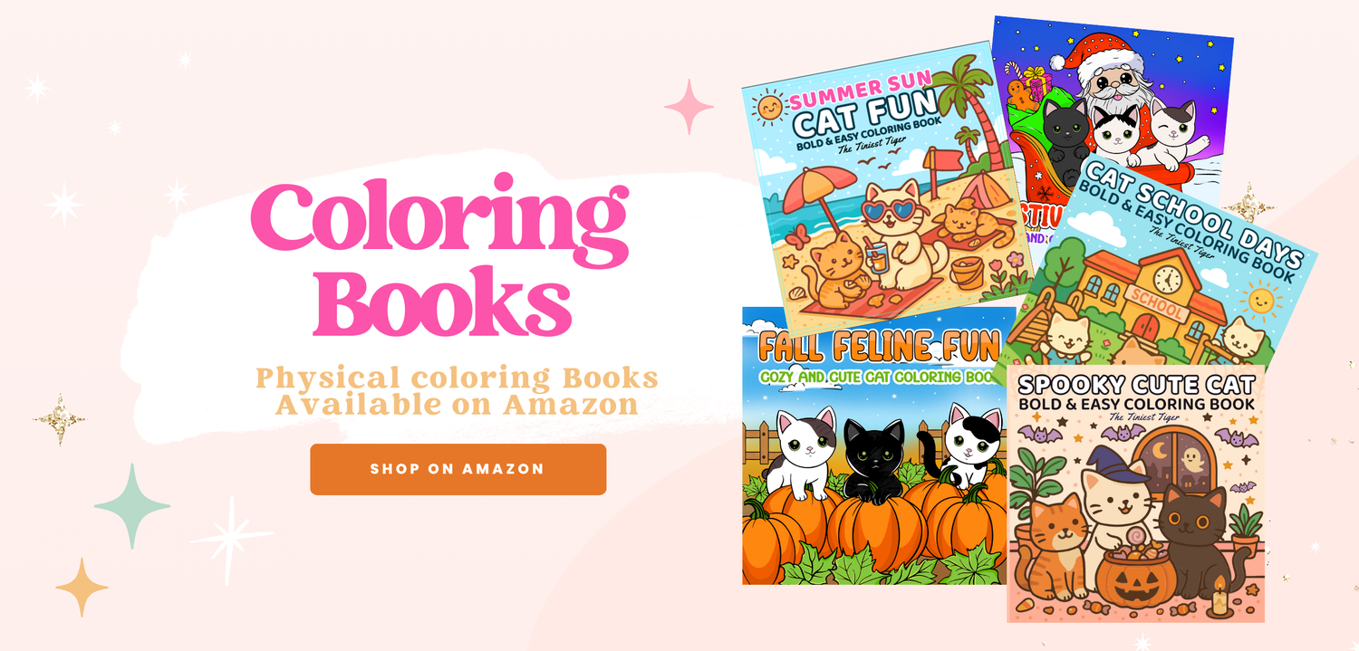 Promotional banner for coloring books with cartoon cats on a light pink background.