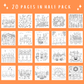 Collection of black and white cat-themed coloring pages on an orange background with text '20 Pages in Half Pack'.