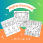 Digital download of cat fall-themed coloring pages with cats and pumpkins on a colorful background.