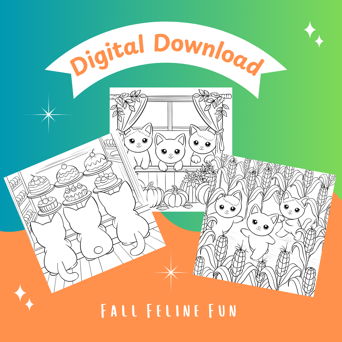 Digital download of cat fall-themed coloring pages with cats and pumpkins on a colorful background.