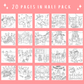 Collection of black and white cat-themed coloring pages on a pink background with text '20 Pages in Half Pack'.