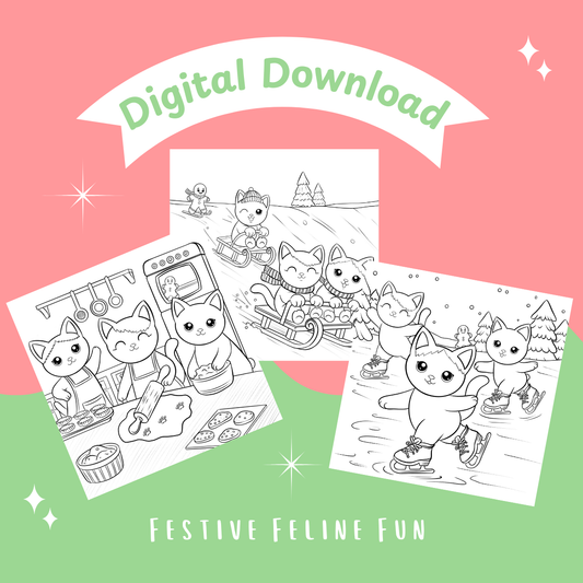 Festive feline fun coloring pages with digital download text on a pink and green background