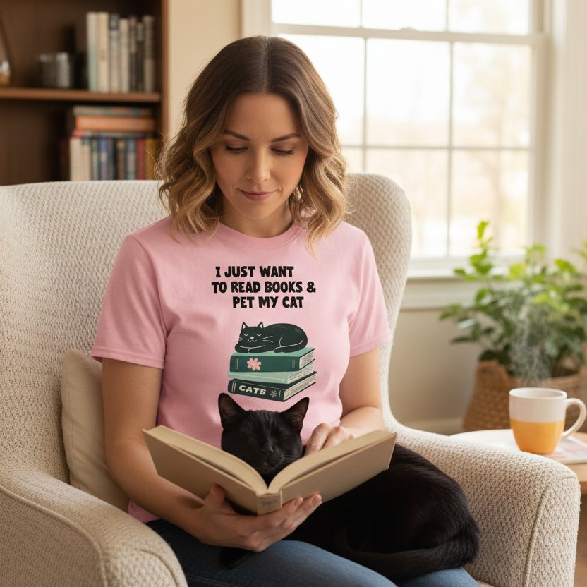 Woman reading a book with a cat on her lap, wearing a pink t-shirt with text, in a cozy room.
